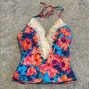 SHEIN Floral Lace Trim Tankini Swim Top